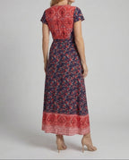 Women's Printed Maxi Dress with Wrap V-Neck and Tie Waist