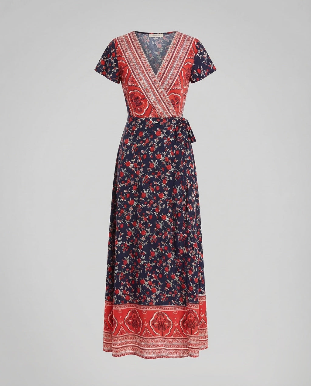 Women's Printed Maxi Dress with Wrap V-Neck and Tie Waist