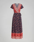 Women's Printed Maxi Dress with Wrap V-Neck and Tie Waist