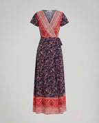 Women's Printed Maxi Dress with Wrap V-Neck and Tie Waist