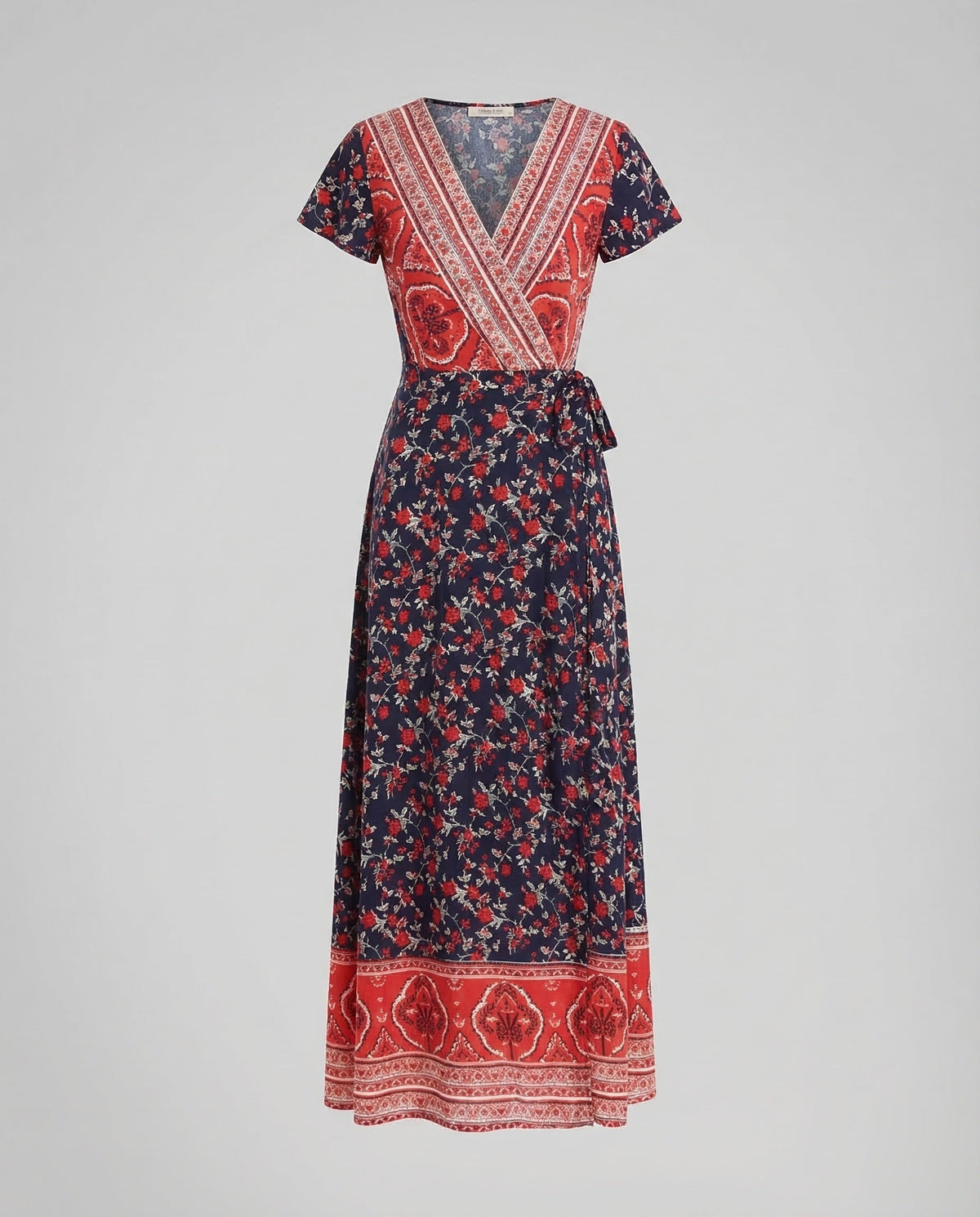Women's Printed Maxi Dress with Wrap V-Neck and Tie Waist