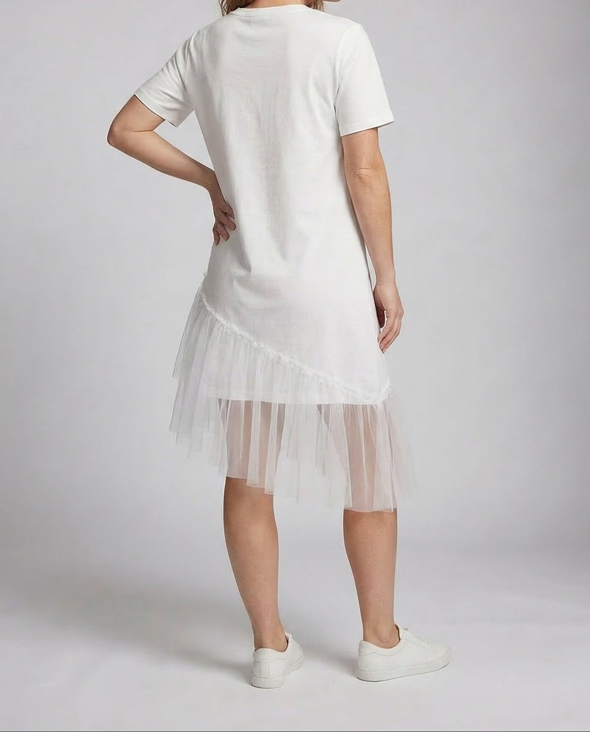 Women's Printed T-Shirt Dress with Asymmetric Tiered Tulle Hem