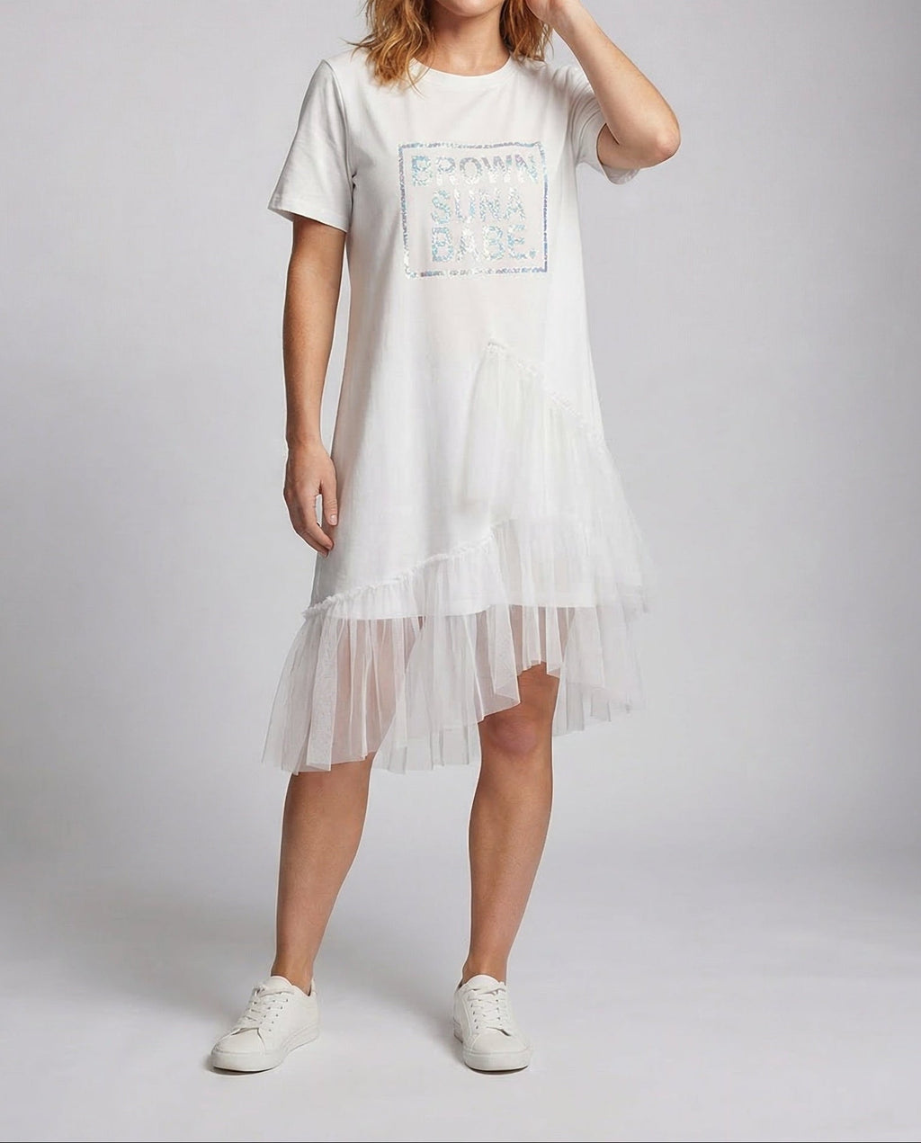 Women's Printed T-Shirt Dress with Asymmetric Tiered Tulle Hem