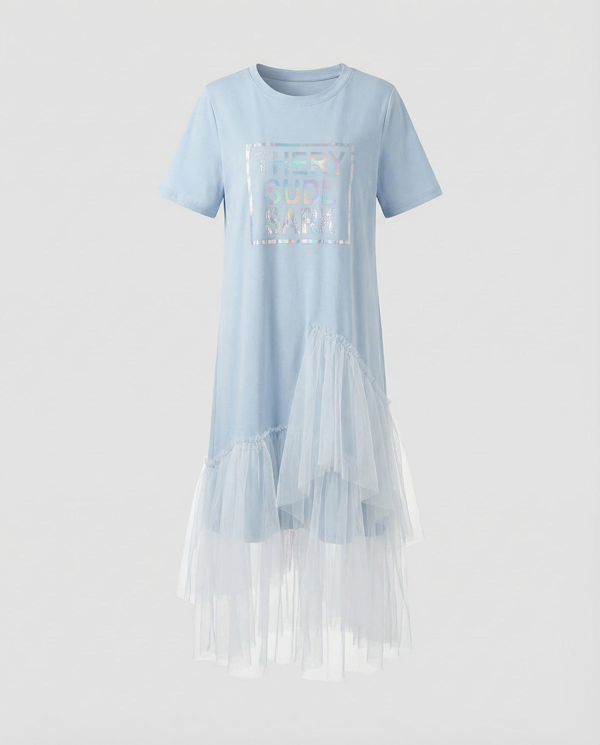 Women's Printed T-Shirt Dress with Asymmetric Tiered Tulle Hem