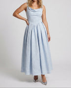 Women's Jacquard Maxi Dress with Draped Cowl Neck and Basque Waist