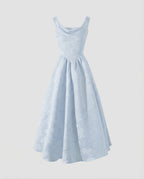 Women's Jacquard Maxi Dress with Draped Cowl Neck and Basque Waist