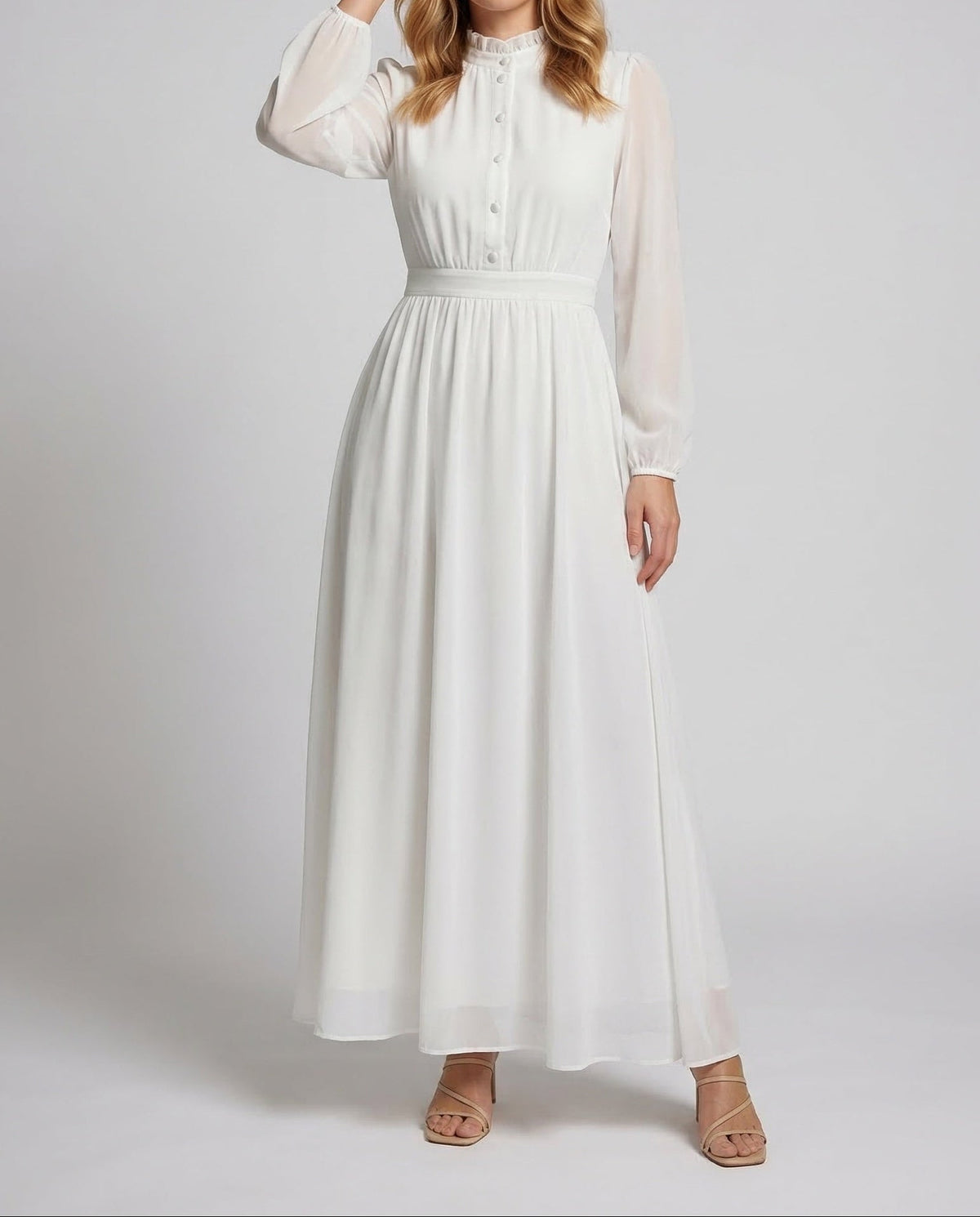 Women's Chiffon Maxi Dress with Ruffle Neck and Button Front