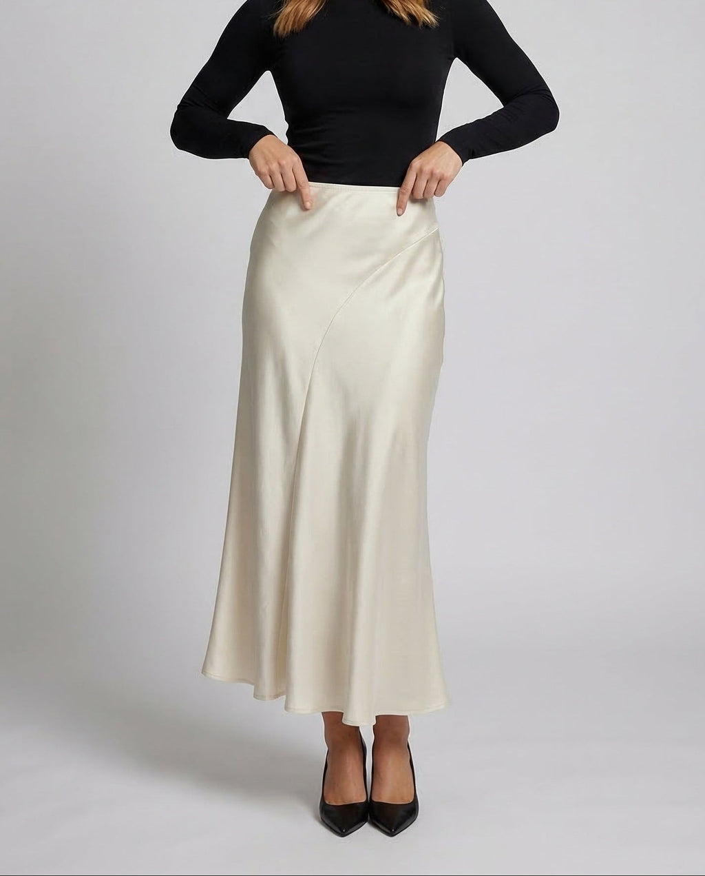 Women's Satin Maxi Skirt with Curved Panel Detailing