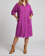 Women's Relaxed Shirt Dress with Collared Neckline and Large Patch Pockets