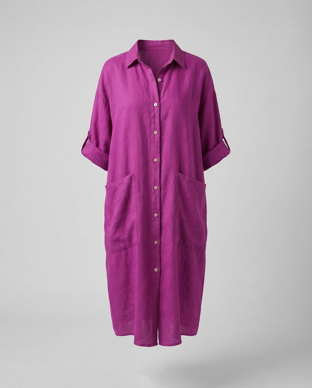 Women's Relaxed Shirt Dress with Collared Neckline and Large Patch Pockets