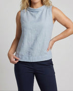 Women's Sleeveless Blouse with Folded Round Neckline and Relaxed A-Line Fit