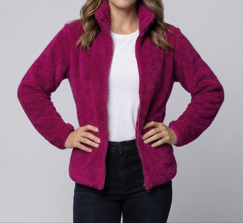 Women's Plush Fleece Jacket with High Stand Collar and Full Zip
