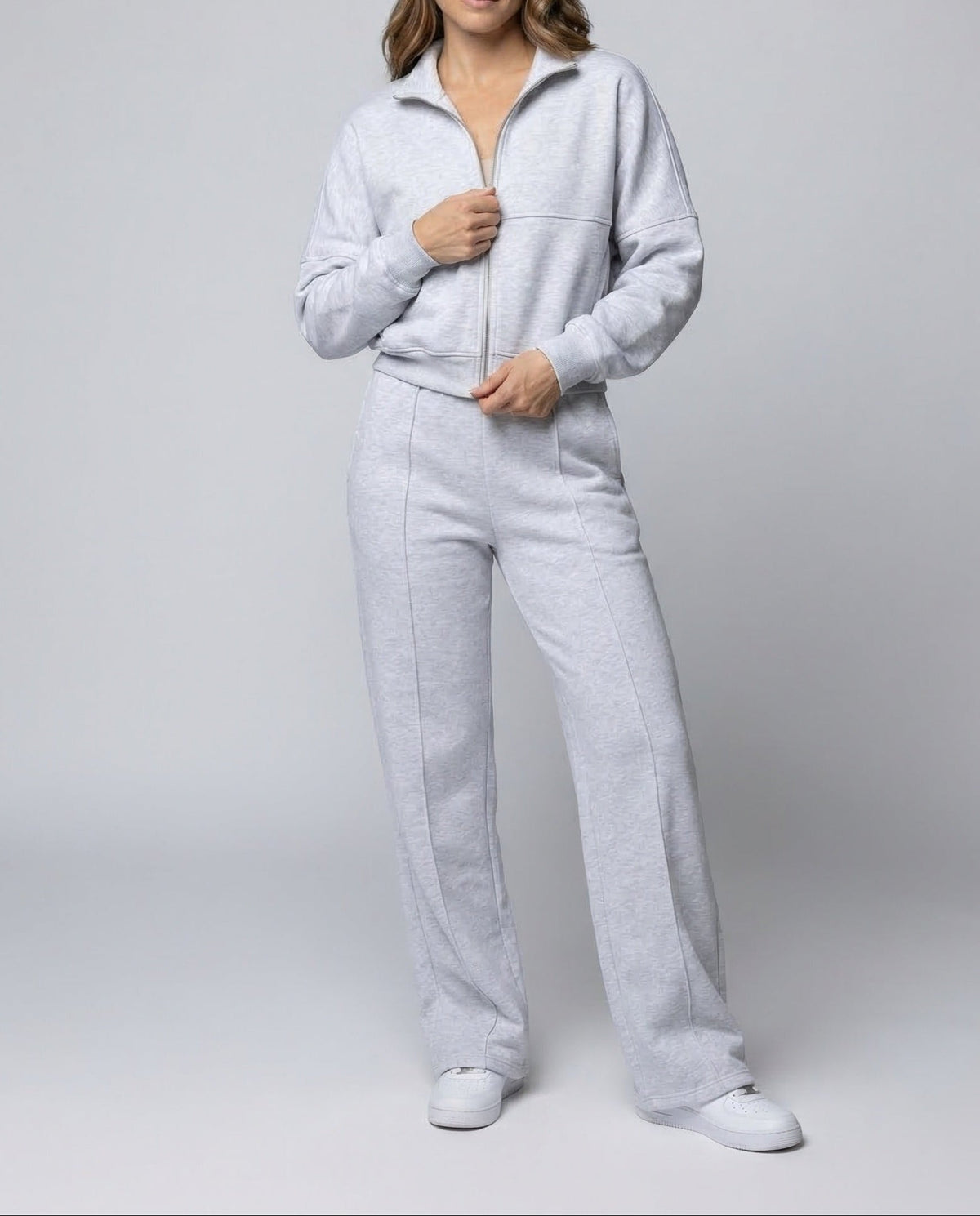 Women's Two-Piece Sweat Set with Cropped Zip Jacket and Wide-Leg Trousers