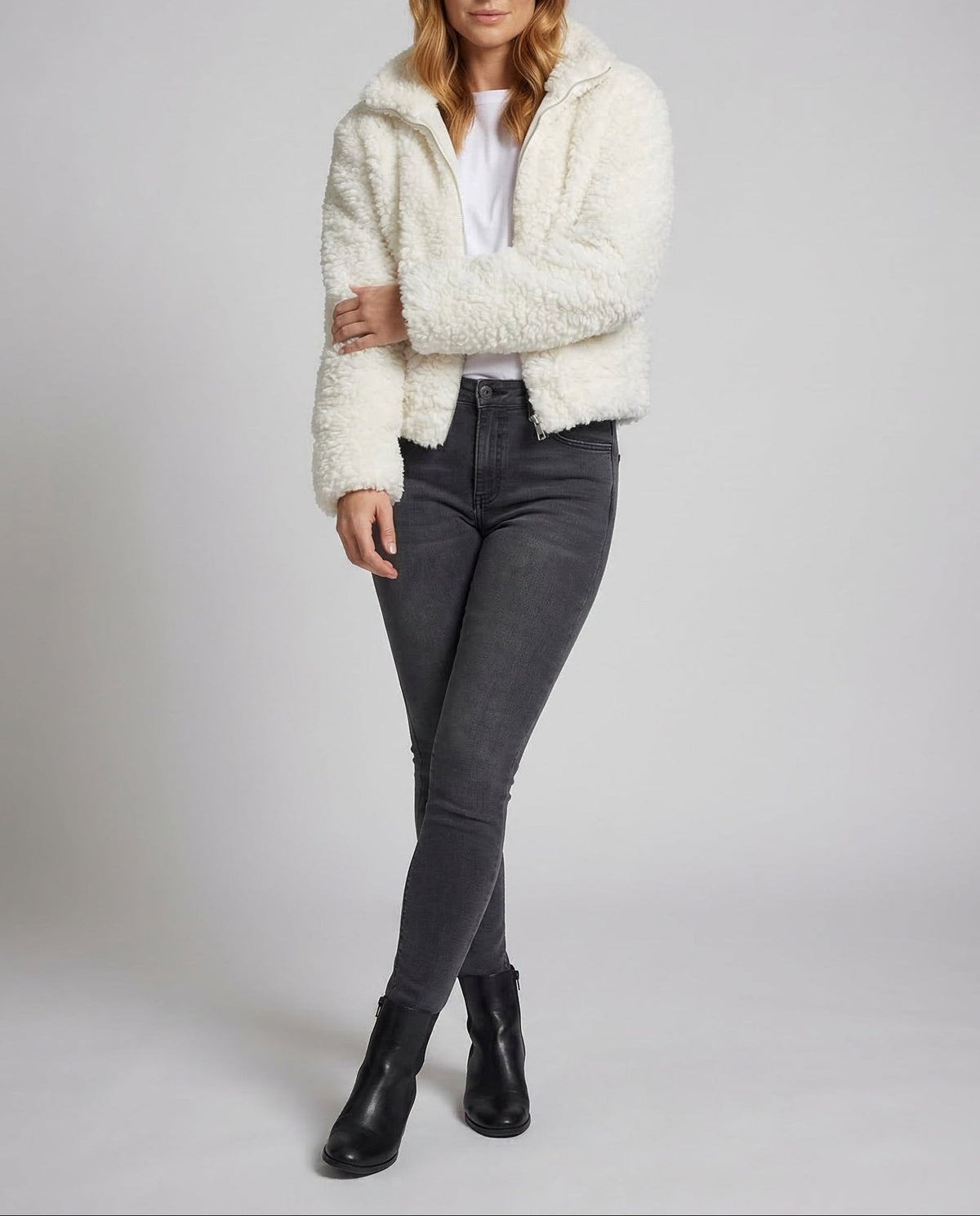 Women's Short Teddy Fleece Jacket with Stand Collar and Full Zip