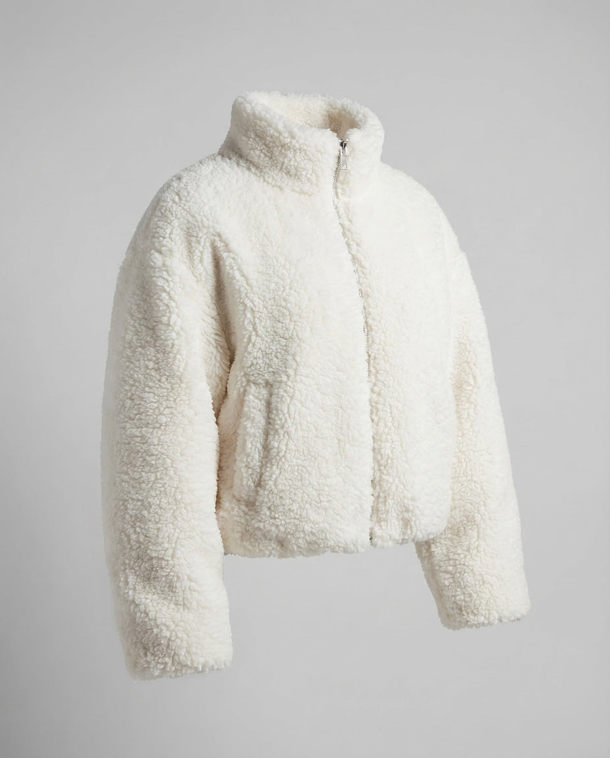 Women's Short Teddy Fleece Jacket with Stand Collar and Full Zip