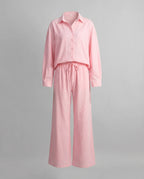 Women's Relaxed Two-Piece Shirt and Wide-Leg Trouser Set with Drawstring