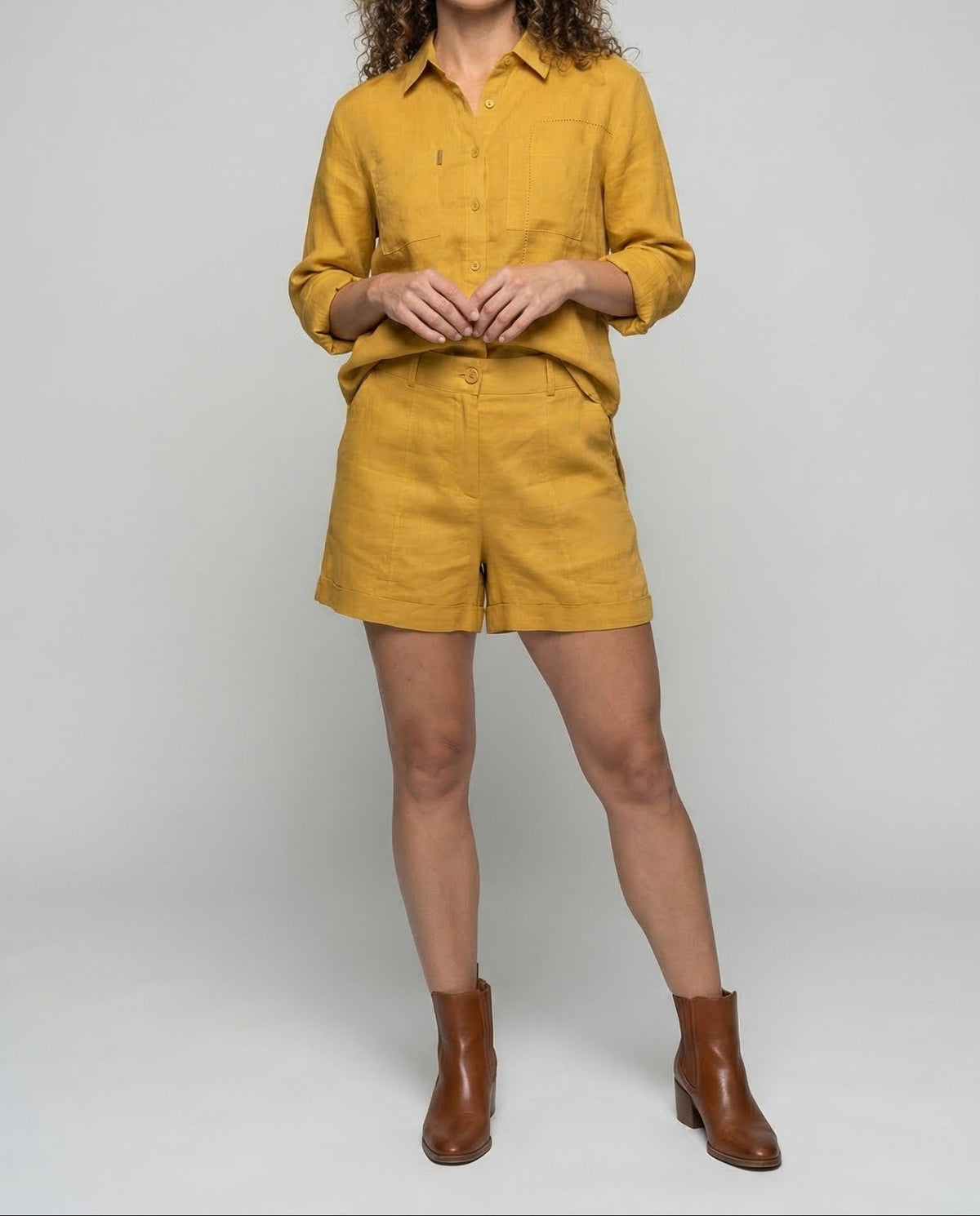 Women's Two-Piece Shirt and Shorts Set with Chest Pockets and High Waist