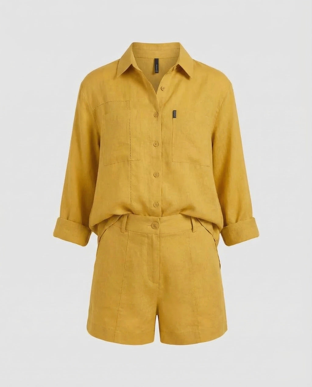 Women's Two-Piece Shirt and Shorts Set with Chest Pockets and High Waist