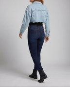 Women's Cropped Denim Jacket with Raw Frayed Hem and Chest Pockets