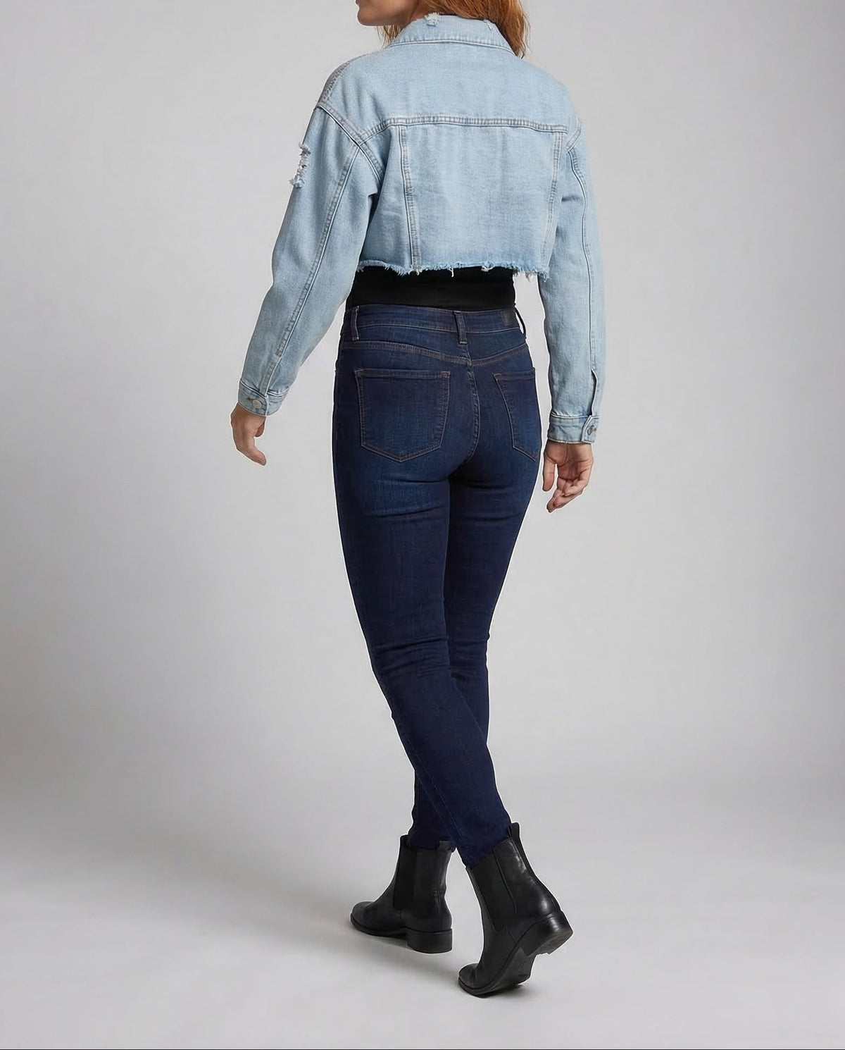 Women's Cropped Denim Jacket with Raw Frayed Hem and Chest Pockets