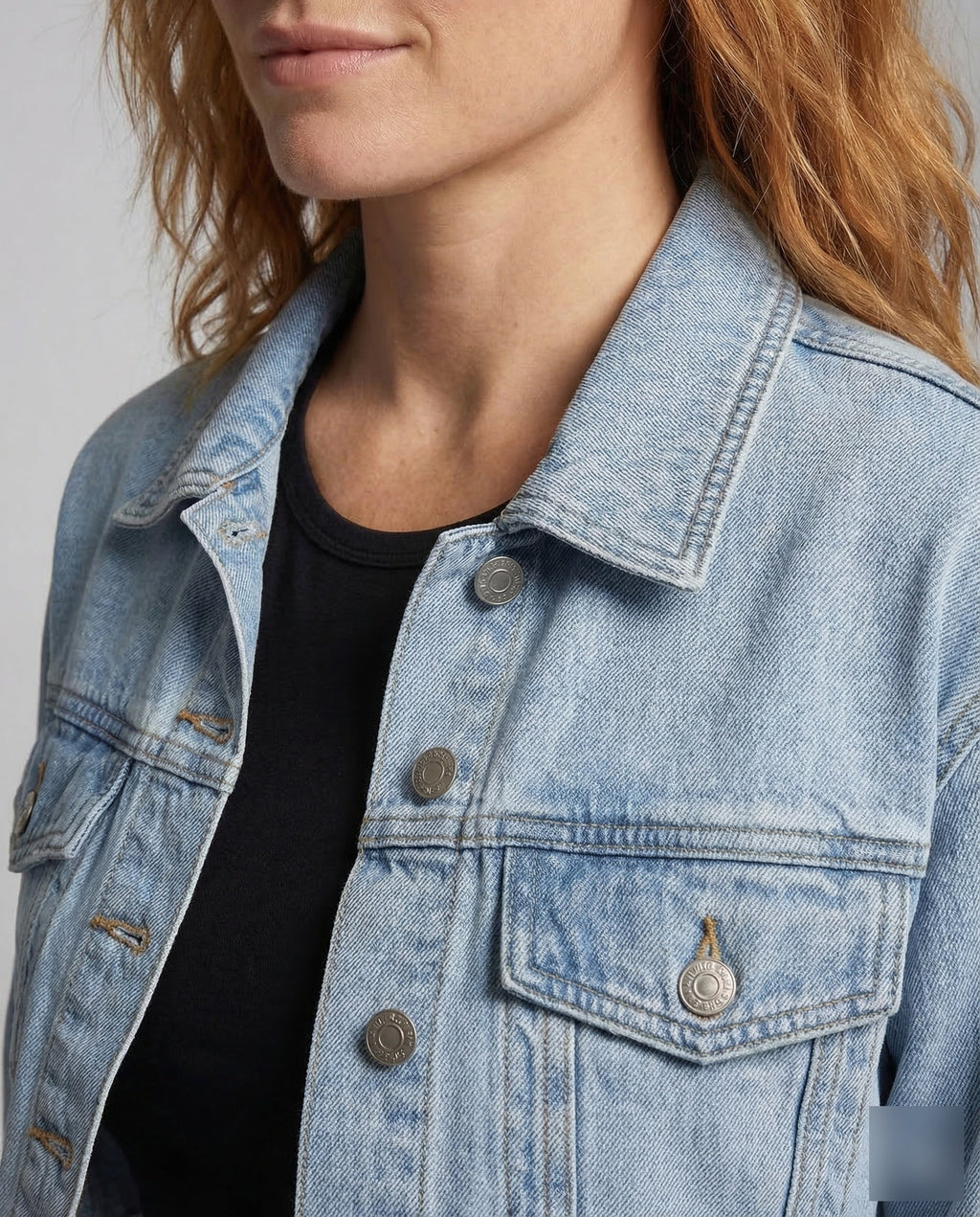Women's Cropped Denim Jacket with Raw Frayed Hem and Chest Pockets