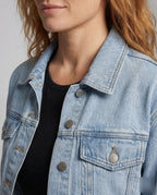 Women's Cropped Denim Jacket with Raw Frayed Hem and Chest Pockets
