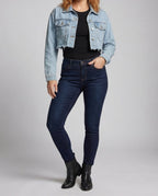 Women's Cropped Denim Jacket with Raw Frayed Hem and Chest Pockets
