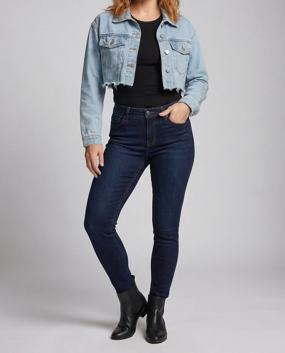 Women's Cropped Denim Jacket with Raw Frayed Hem and Chest Pockets