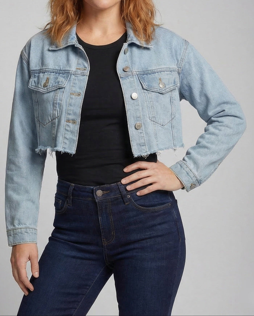 Women's Cropped Denim Jacket with Raw Frayed Hem and Chest Pockets
