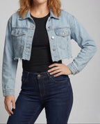 Women's Cropped Denim Jacket with Raw Frayed Hem and Chest Pockets