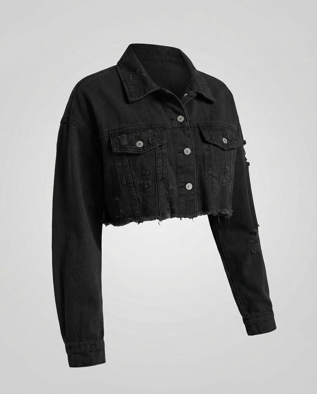 Women's Cropped Denim Jacket with Raw Frayed Hem and Chest Pockets