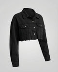 Women's Cropped Denim Jacket with Raw Frayed Hem and Chest Pockets