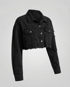 Women's Cropped Denim Jacket with Raw Frayed Hem and Chest Pockets