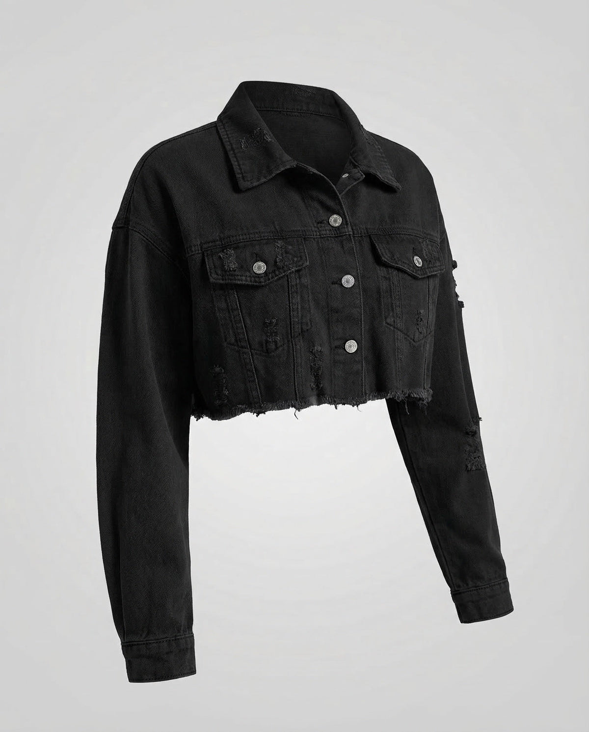 Women's Cropped Denim Jacket with Raw Frayed Hem and Chest Pockets