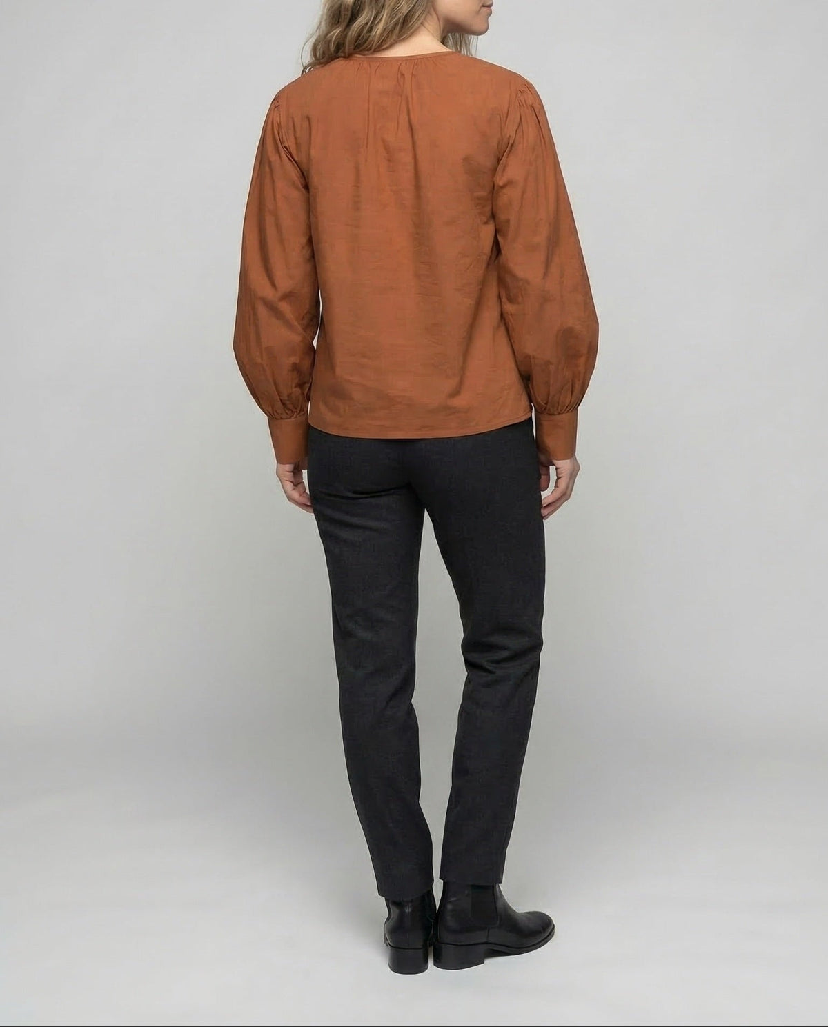 Women's Balloon Sleeve Blouse with Gathered Round Neckline and Wide Cuffs