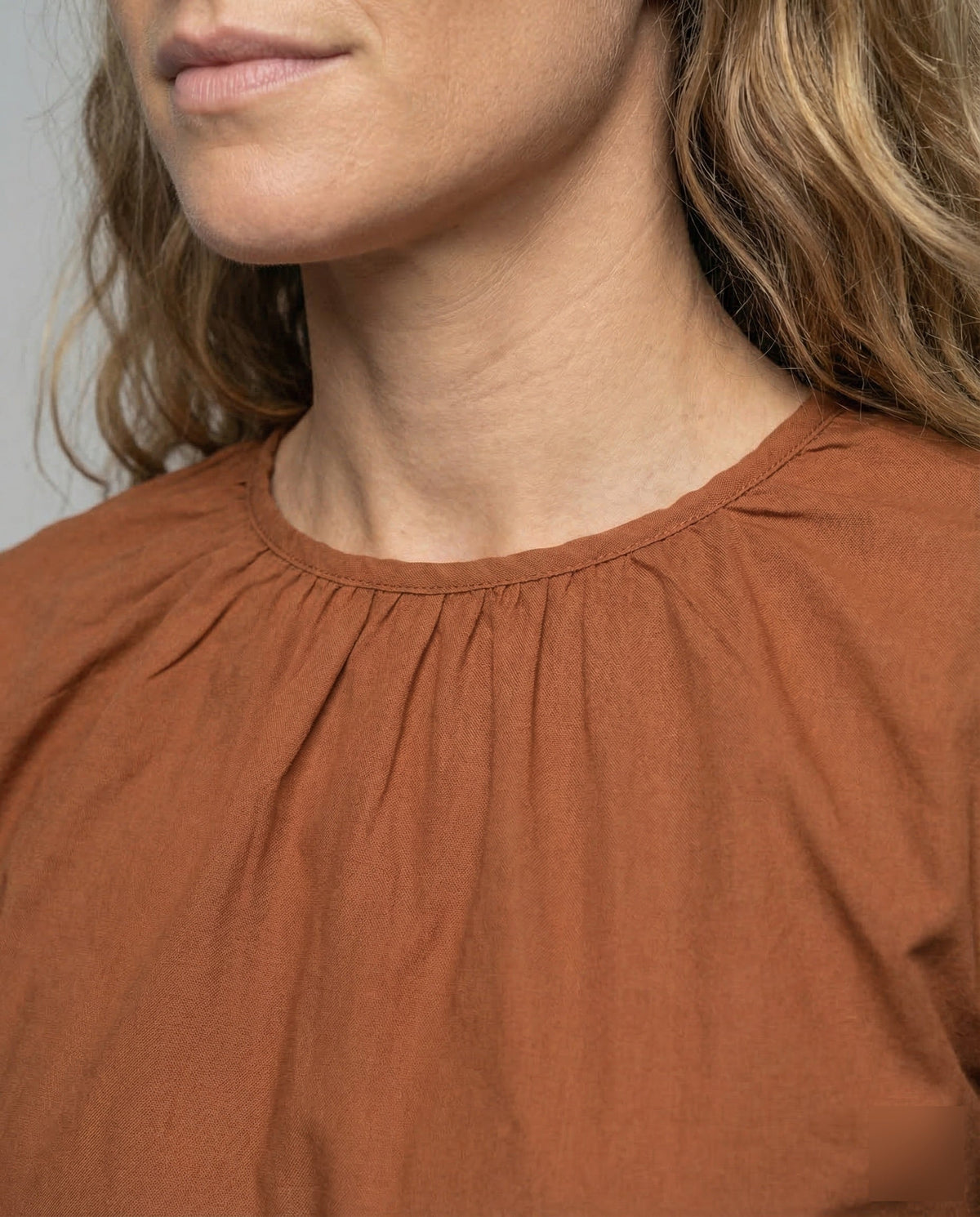 Women's Balloon Sleeve Blouse with Gathered Round Neckline and Wide Cuffs