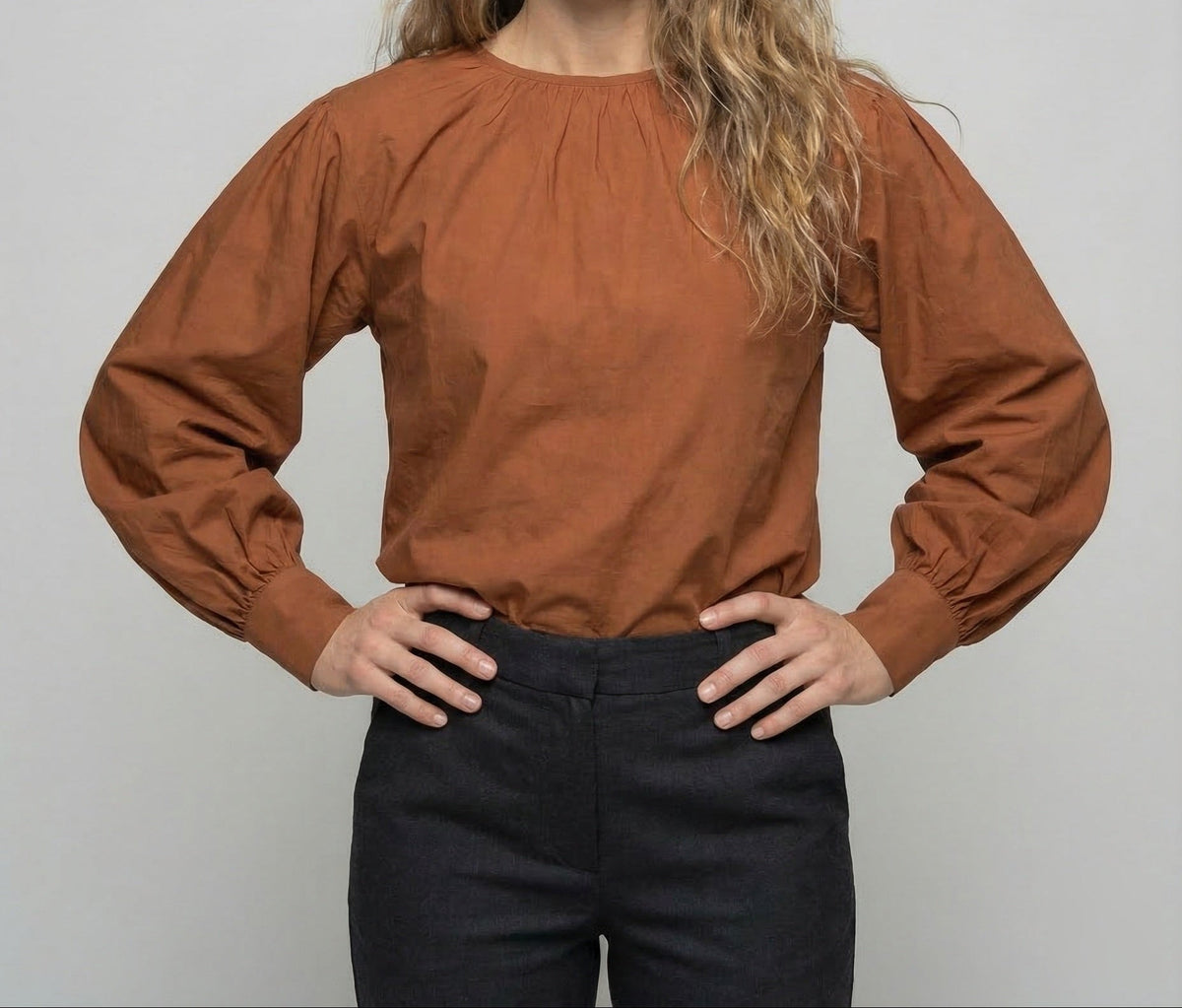 Women's Balloon Sleeve Blouse with Gathered Round Neckline and Wide Cuffs