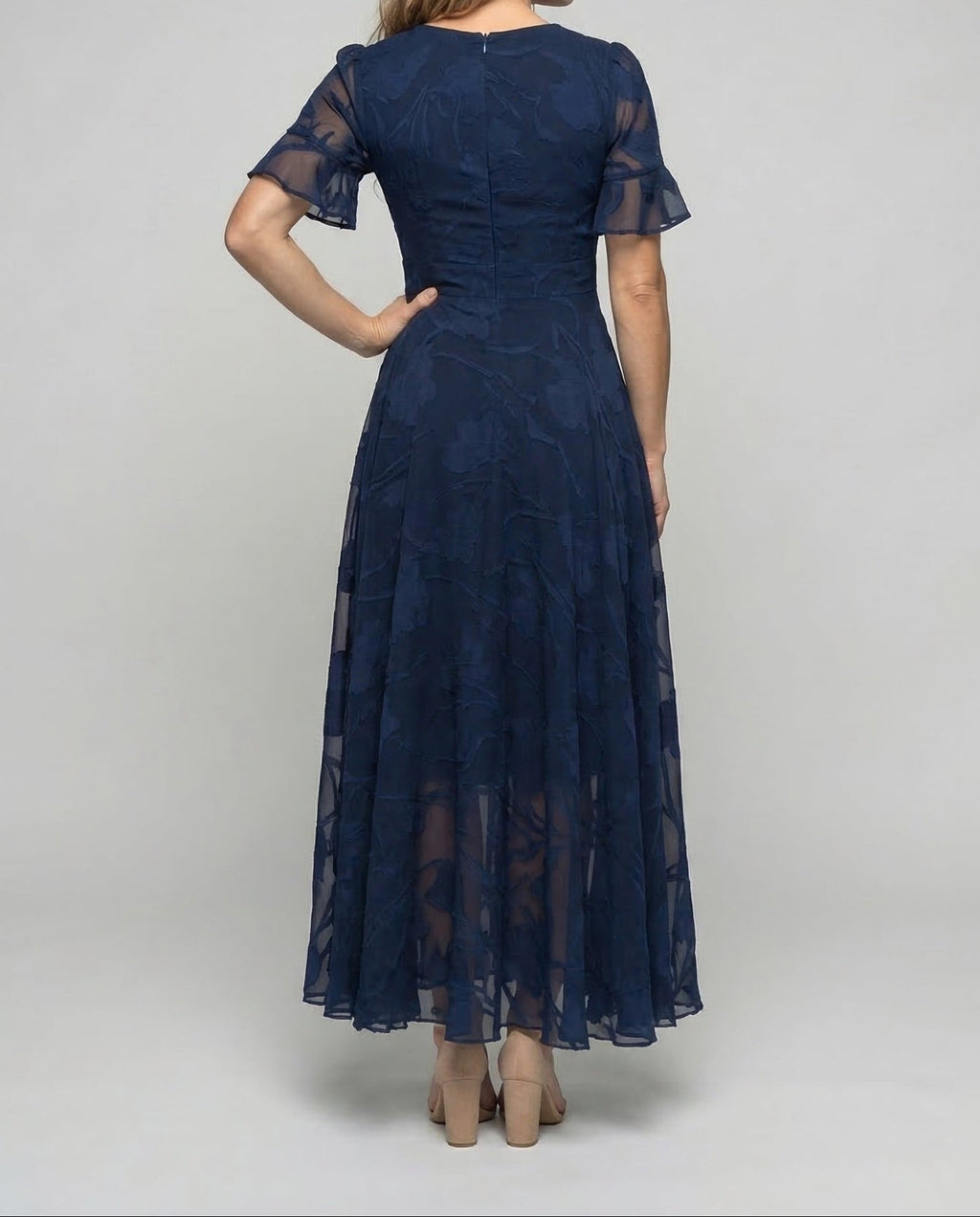Women's V-Neck Maxi Dress with Sheer Flutter Sleeves and Defined Waist