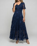 Women's V-Neck Maxi Dress with Sheer Flutter Sleeves and Defined Waist