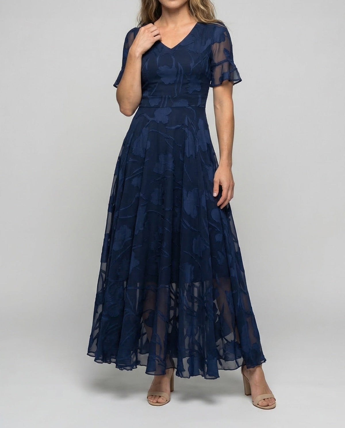 Women's V-Neck Maxi Dress with Sheer Flutter Sleeves and Defined Waist
