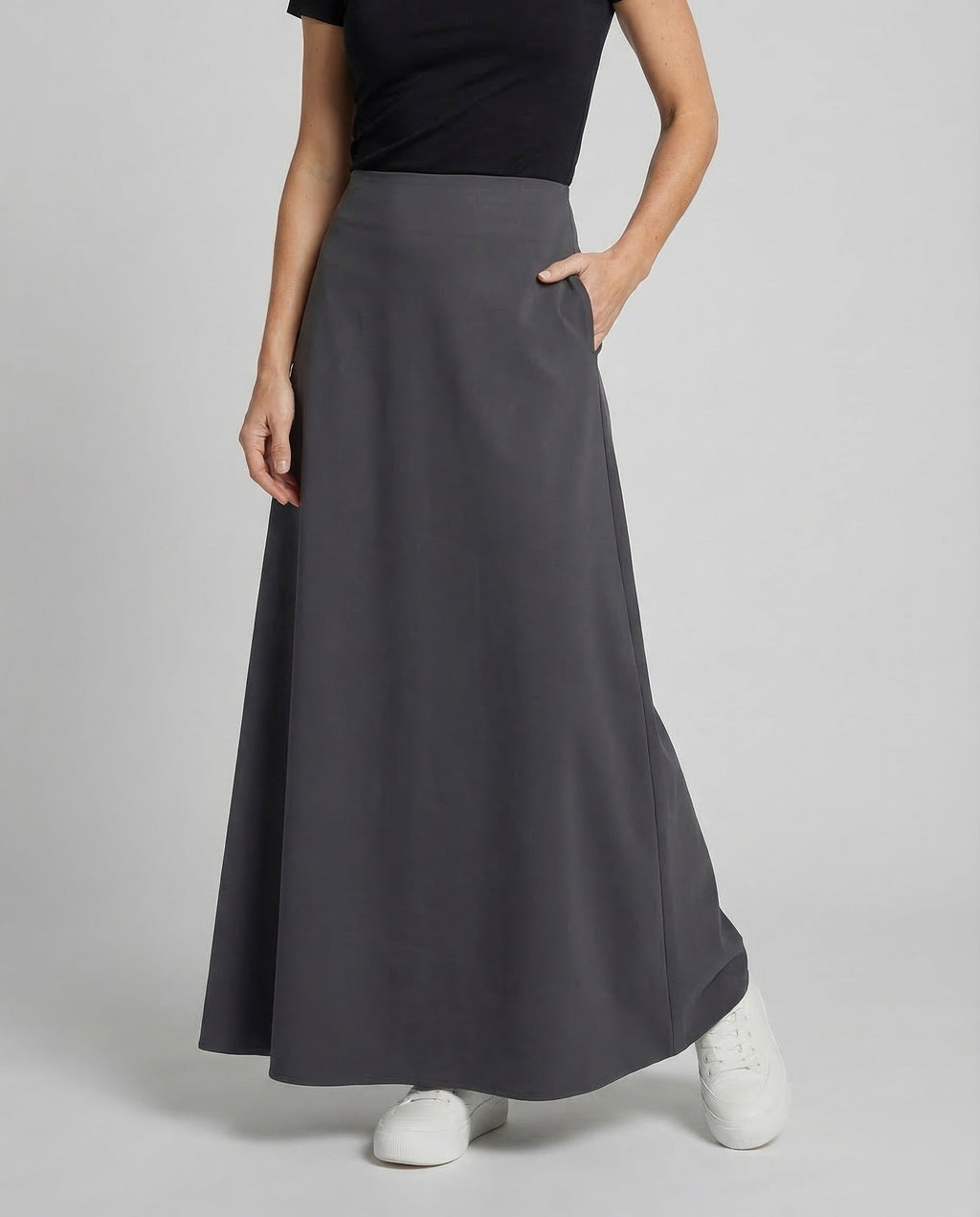 Women's High Waisted Maxi Skirt with Smooth Waistline and Flowing A-Line
