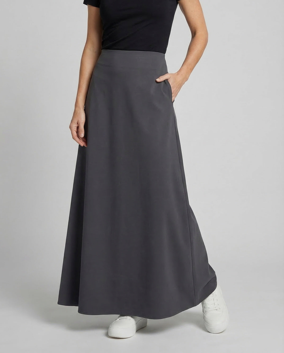 Women's High Waisted Maxi Skirt with Smooth Waistline and Flowing A-Line