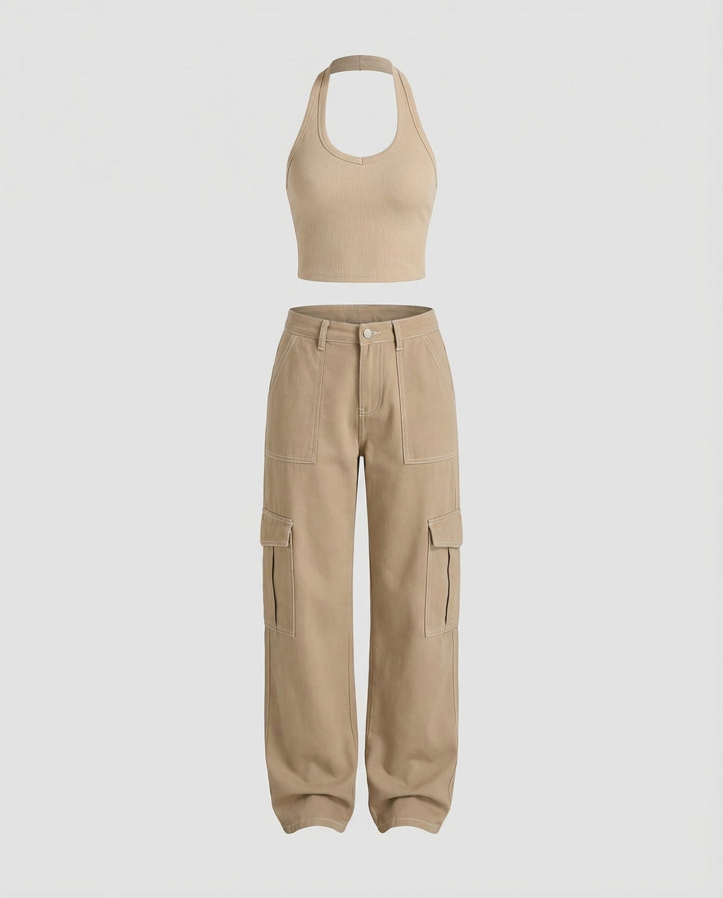 Women's Relaxed Wide-Leg Cargo Trousers with Flap Thigh Pockets and Belt