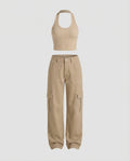 Women's Relaxed Wide-Leg Cargo Trousers with Flap Thigh Pockets and Belt