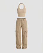 Women's Relaxed Wide-Leg Cargo Trousers with Flap Thigh Pockets and Belt