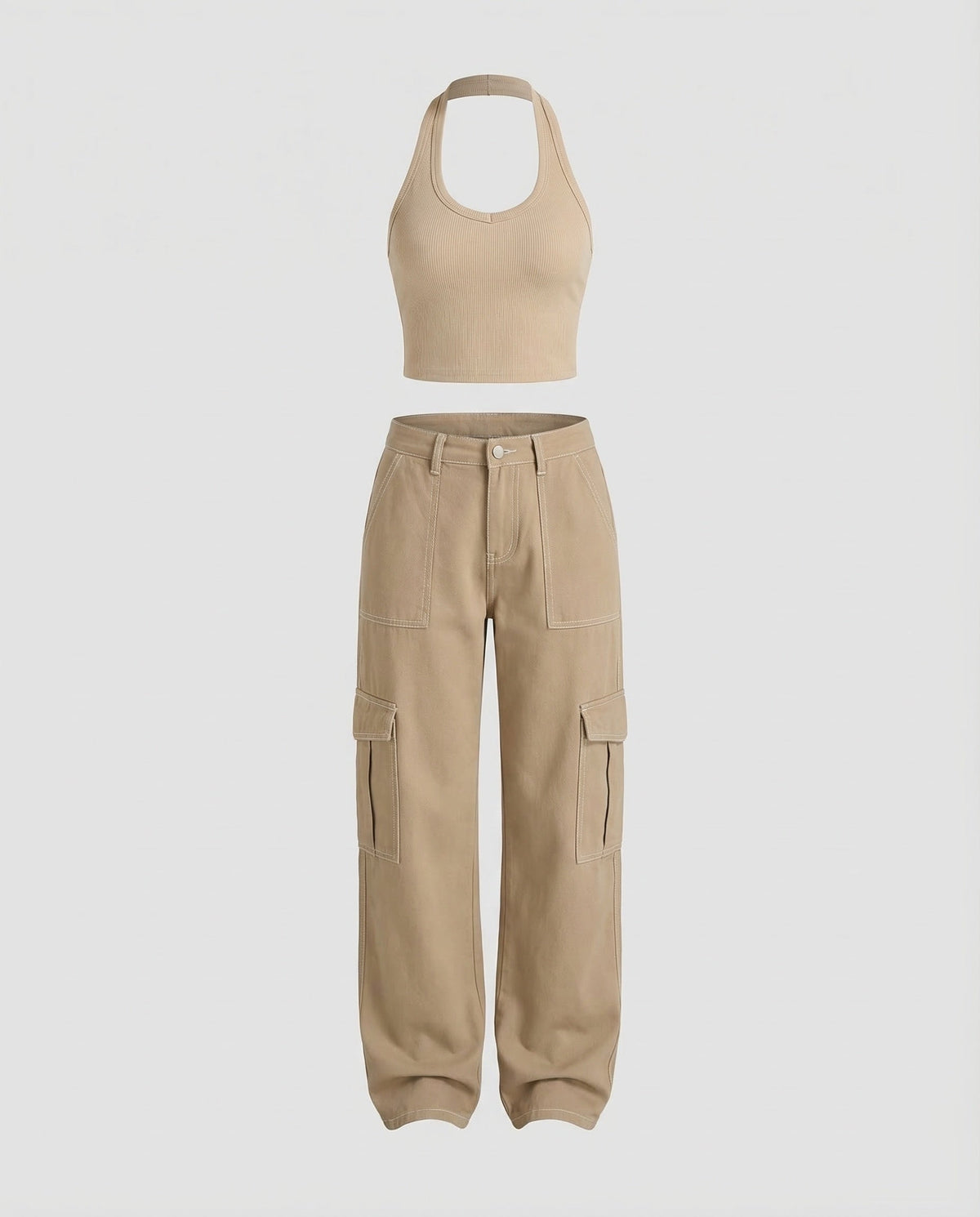 Women's Relaxed Wide-Leg Cargo Trousers with Flap Thigh Pockets and Belt
