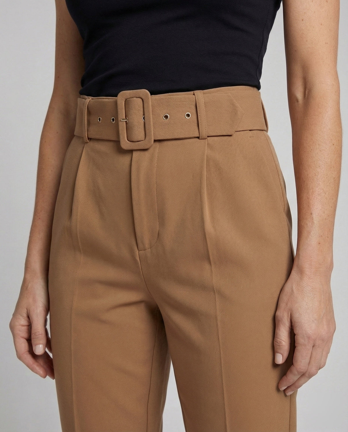 Women's High Waisted Tailored Trousers with Pleated Front and Buckled Belt