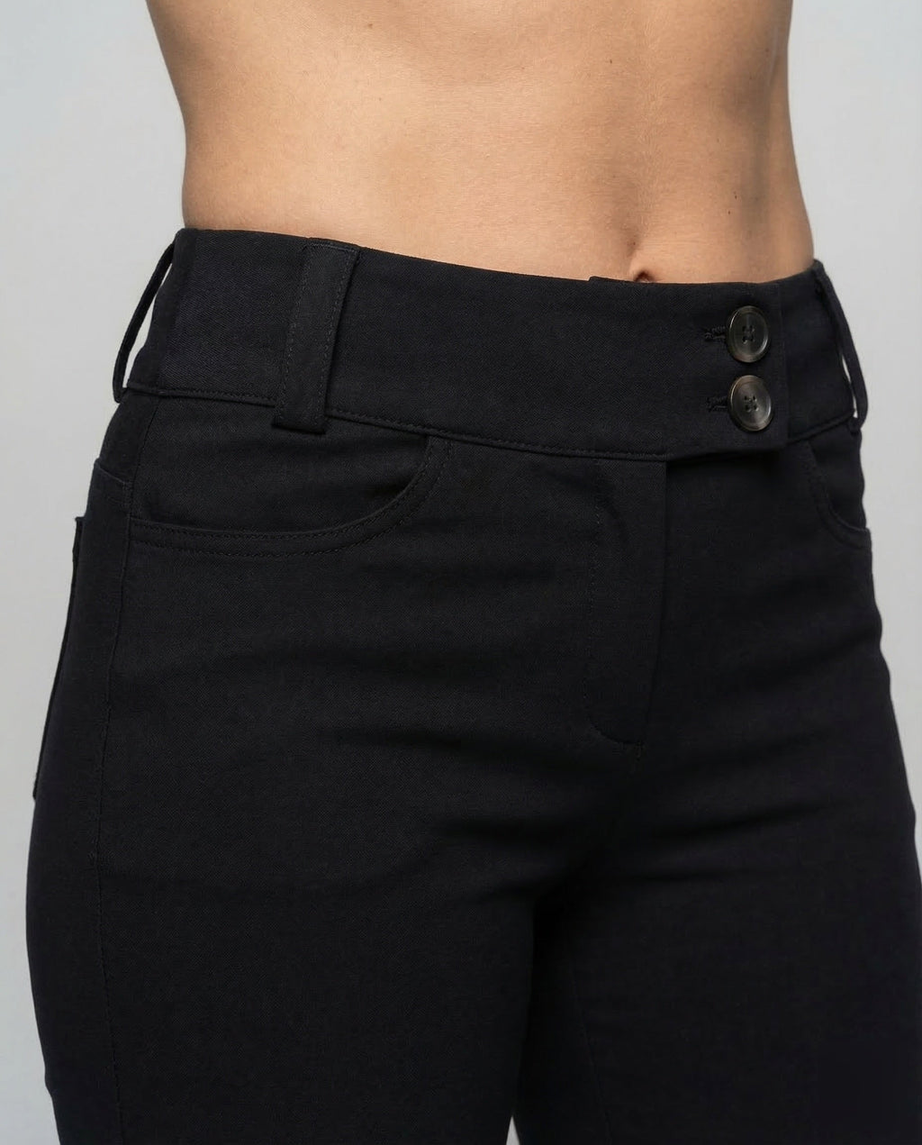 Women's High Waisted Flared Trousers with Broad Waistband and Fitted Hips