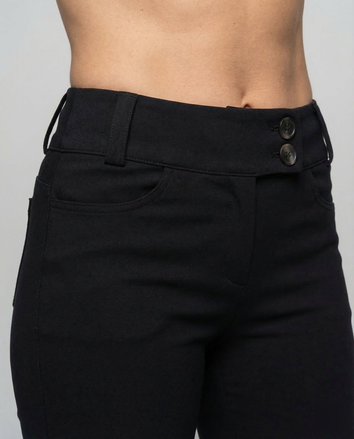 Women's High Waisted Flared Trousers with Broad Waistband and Fitted Hips
