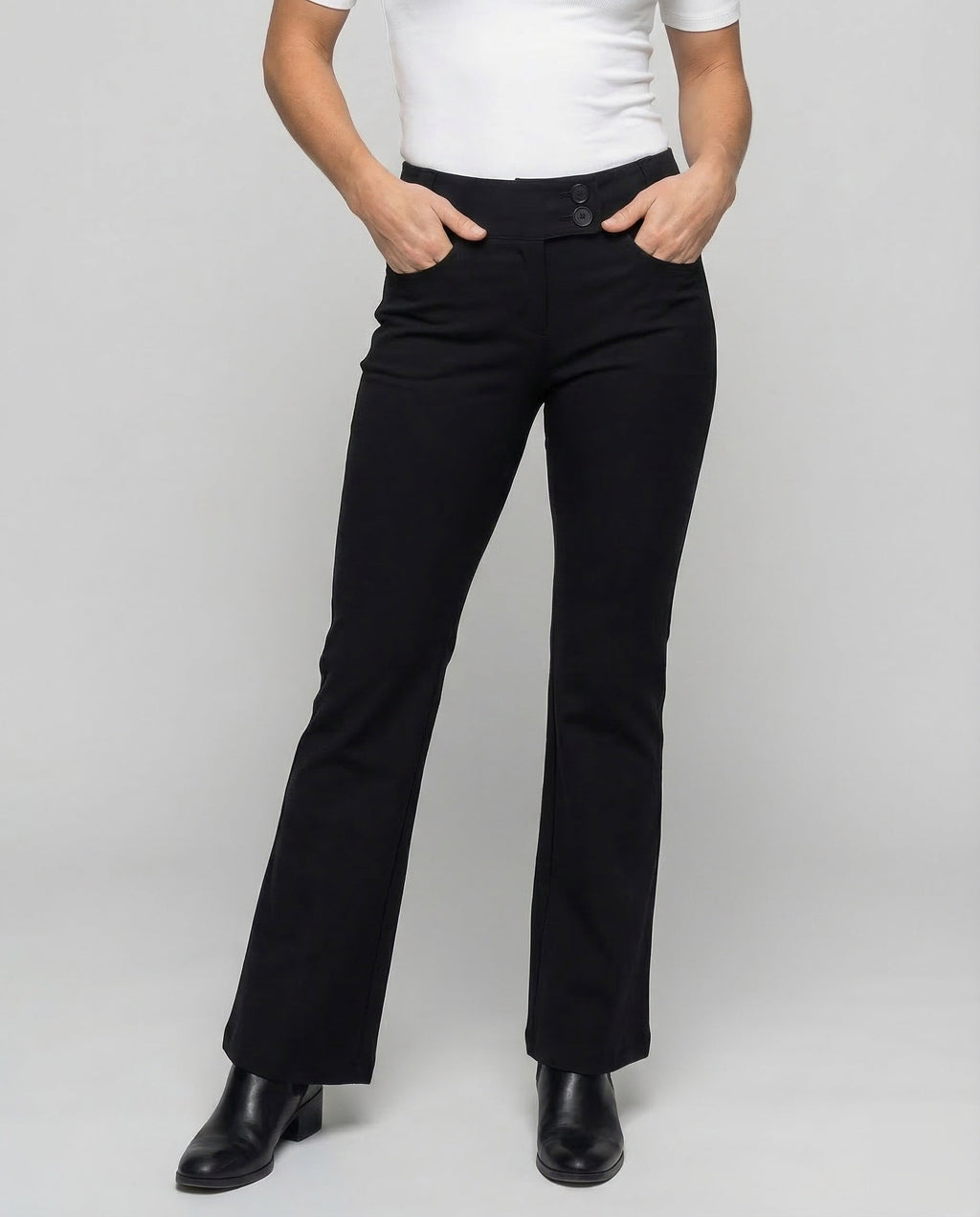 Women's High Waisted Flared Trousers with Broad Waistband and Fitted Hips